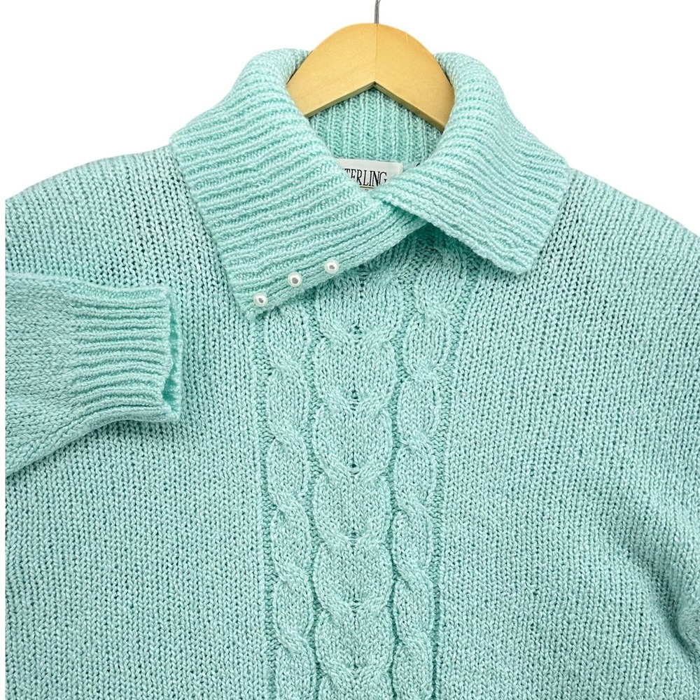 VTG Sterling Harris Light Teal Blue Cable Knit Collared Sweater Pearls SZ L 1990